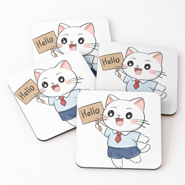 Item preview, Cute School Cat Holding Hello Sign Kawaii Illustration designed and sold by LYAN-STORE.