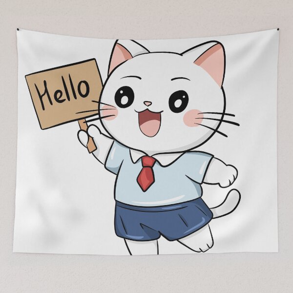 Item preview, Cute School Cat Holding Hello Sign Kawaii Illustration designed and sold by LYAN-STORE.
