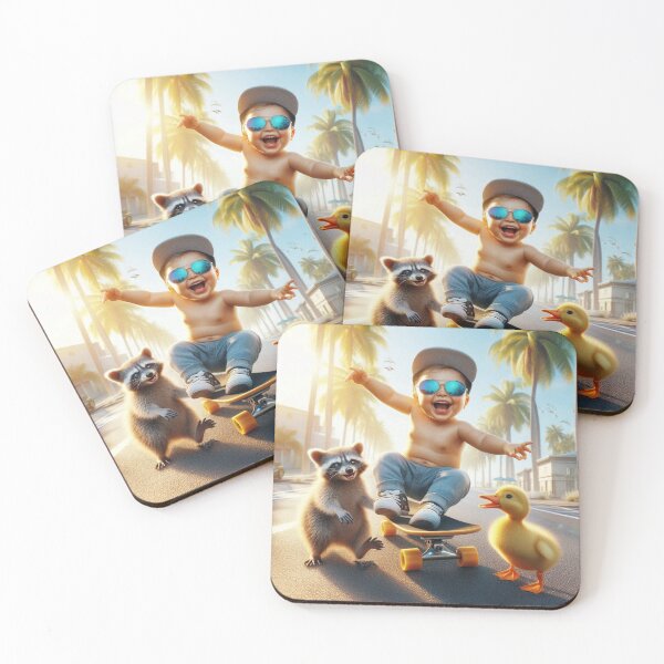Item preview, Laughing Baby Skateboarding with Raccoon & Duckling designed and sold by Mitaudesign.