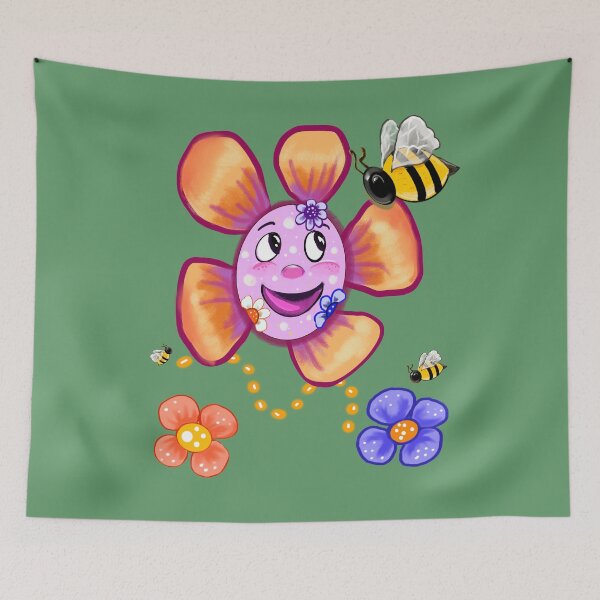 Item preview, Retro Smiley Flower & Happy Bee – 70s Floral Good Vibes Design designed and sold by Artonmytee.