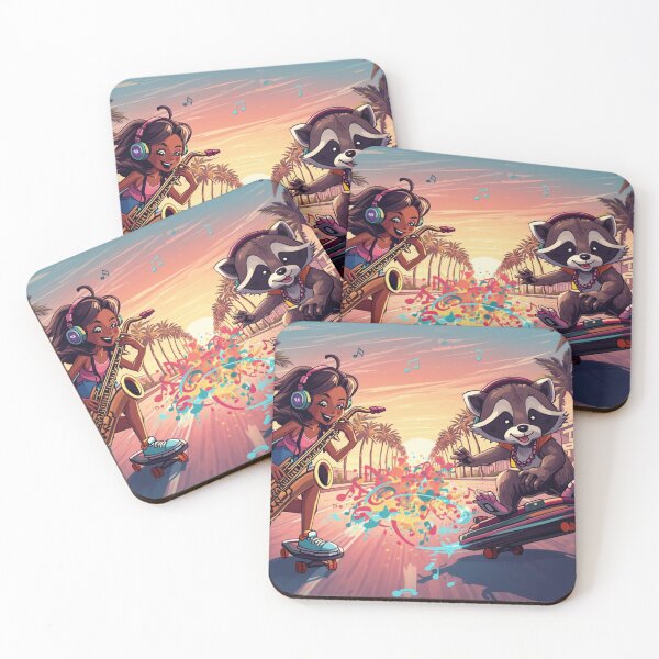 Item preview, Skateboarding Girl with Saxophone Dog & DJ Raccoon designed and sold by Mitaudesign.