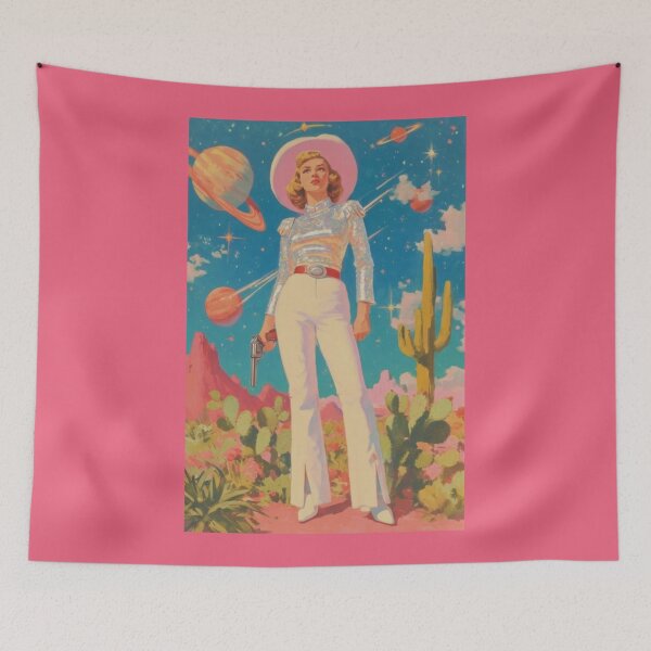 Item preview, Space Cowgirl with Gun - Cosmic Desert Retro Futuristic Poster designed and sold by Vicky021.