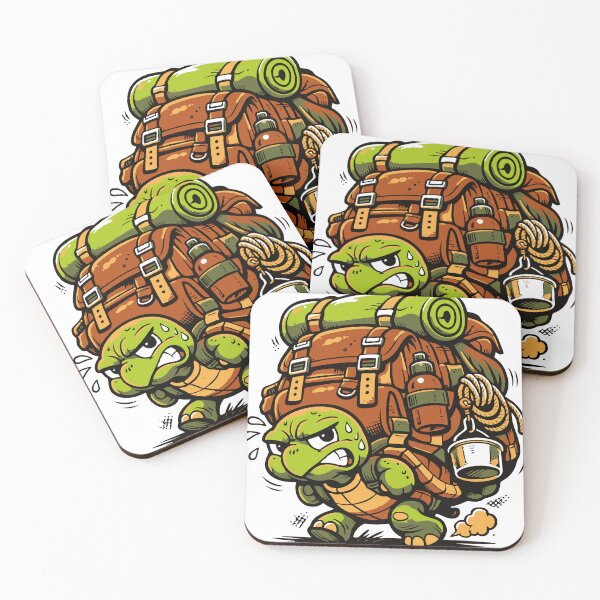 Item preview, A humorous turtle character carrying an enormous backpack creates a relatable visual about slow but steady journeys. designed and sold by Dejbar.