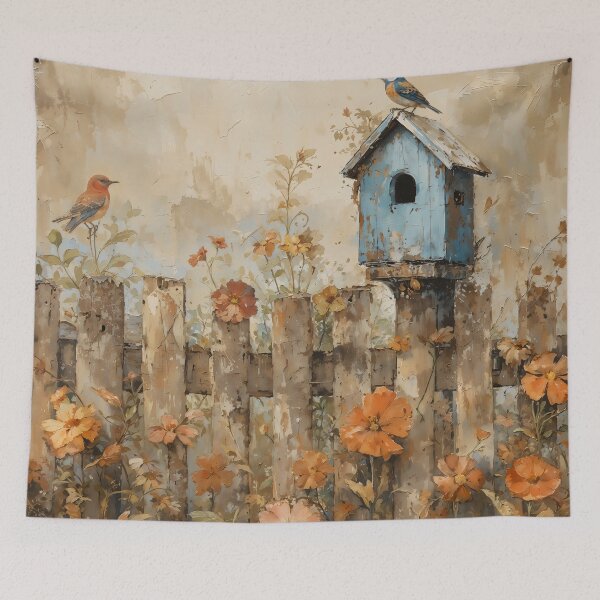 Item preview, Vintage Blue Birdhouse and Garden Songbirds Painting designed and sold by Sergey Sedunov.