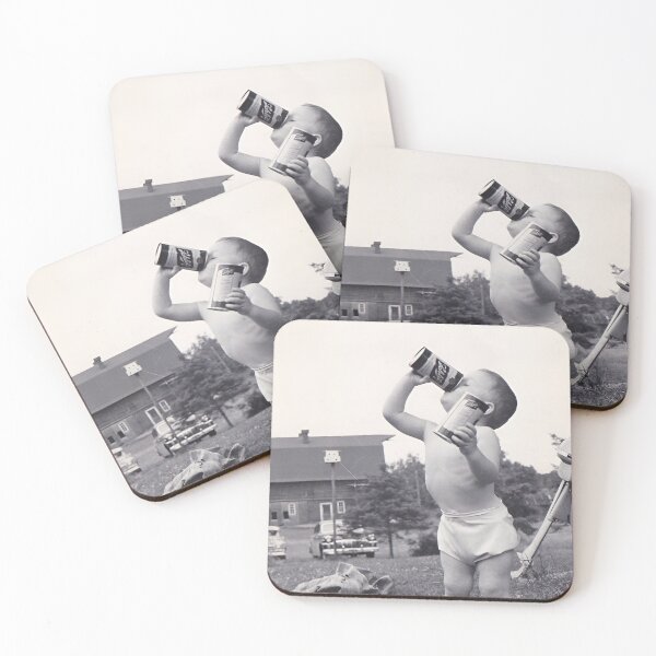 Item preview, Little drinking buddy, chip off the old block vintage baby drinking beer black and white funny humorous photograph poster art print designed and sold by Astrid Arkhangelsky.