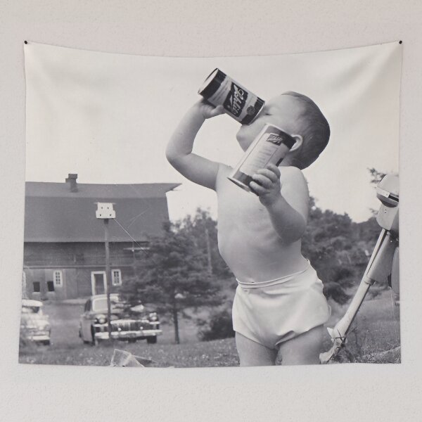 Item preview, Little drinking buddy, chip off the old block vintage baby drinking beer black and white funny humorous photograph poster art print designed and sold by Astrid Arkhangelsky.