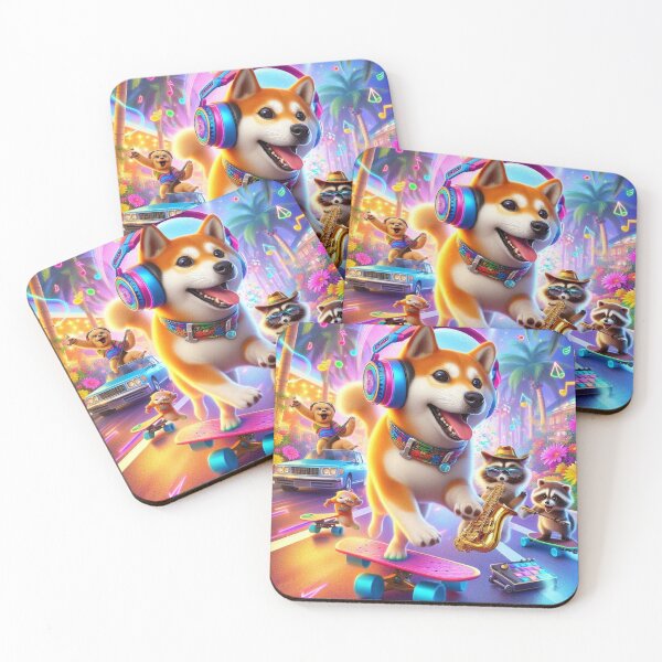 Item preview, Happy Shiba Skateboarding with Saxophone Dog & DJ Raccoon – Funny Music Cartoon T-Shirt designed and sold by Mitaudesign.