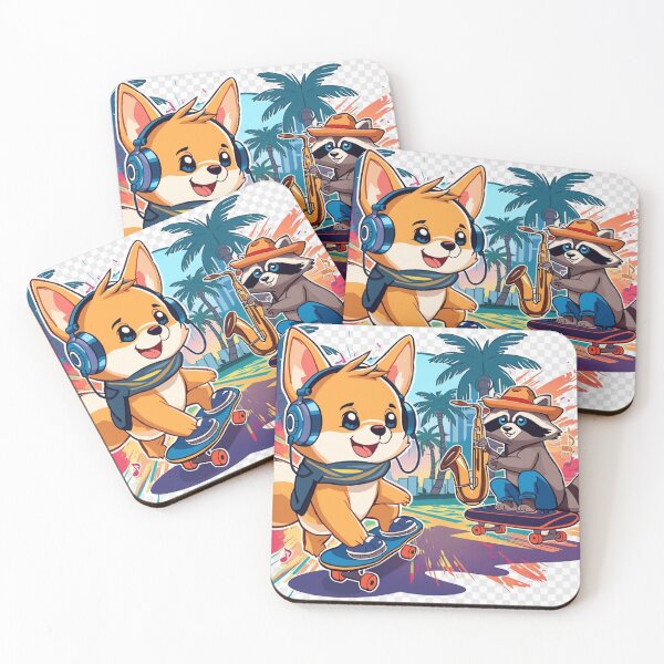 Item preview, Shiba Inu Skateboard Party with Saxophone Dog & DJ Raccoon – Funny Music Cartoon T-Shirt designed and sold by Mitaudesign.