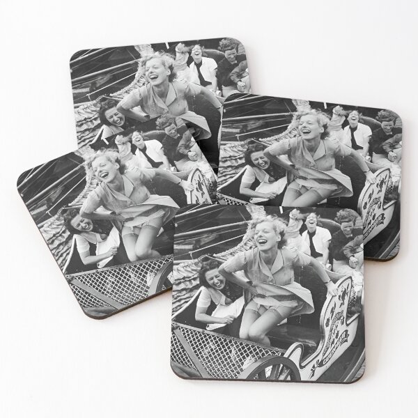 Item preview, Vintage girls on the roller coaster, amusement park summertime fun black and white funny photograph poster art print designed and sold by Astrid Arkhangelsky.