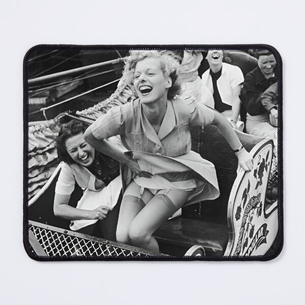 Item preview, Vintage girls on the roller coaster, amusement park summertime fun black and white funny photograph poster art print designed and sold by Astrid Arkhangelsky.