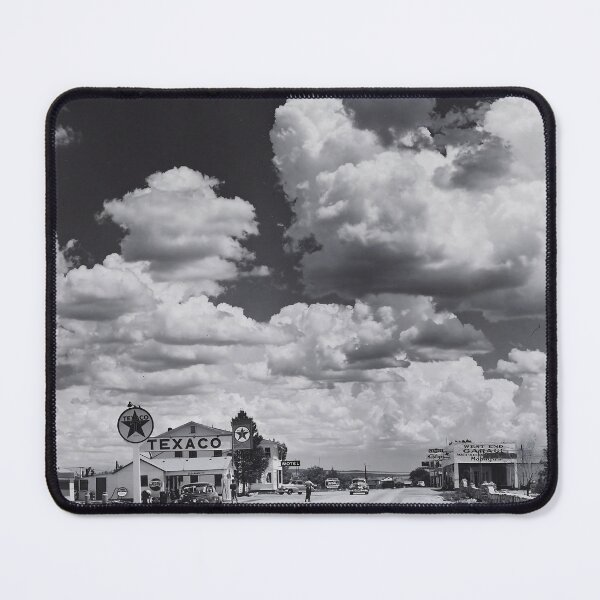Item preview, Vintage gas station, Route 66, 1948 road trip travel black and white landscape photograph poster art print designed and sold by Astrid Arkhangelsky.