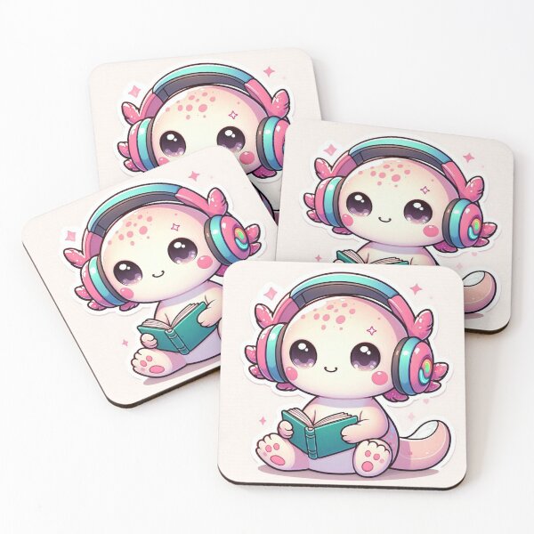 Item preview, Cute Kawaii Axolotl Cat Reading a Book with Headphones – Cozy Pastel Sticker designed and sold by Mitaudesign.