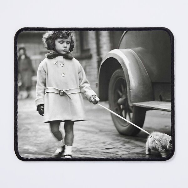 Item preview, Vintage little girl walking her kitten on a lash funny cute black and white photograph poster art print designed and sold by Astrid Arkhangelsky.