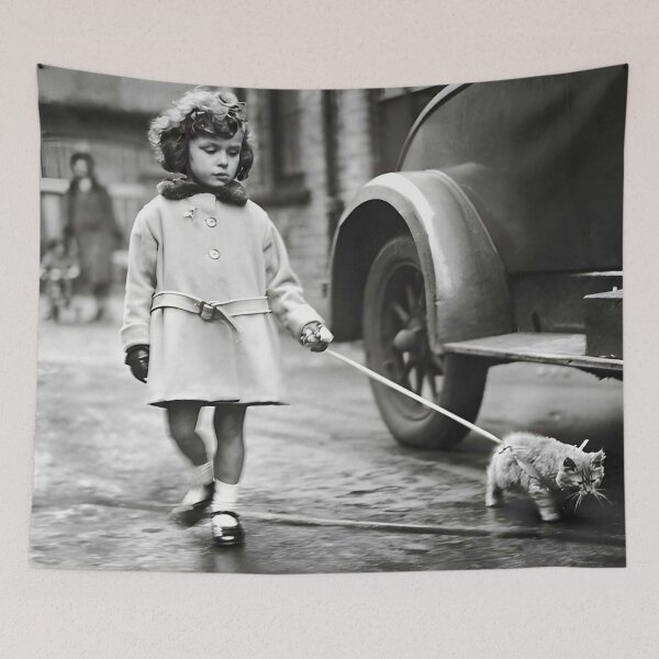 Item preview, Vintage little girl walking her kitten on a lash funny cute black and white photograph poster art print designed and sold by Astrid Arkhangelsky.