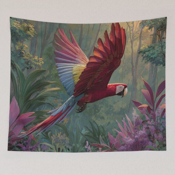 Item preview, A Scarlet Macaw flying through a lush rainforest canopy, Birds in Motion designed and sold by CDC40.
