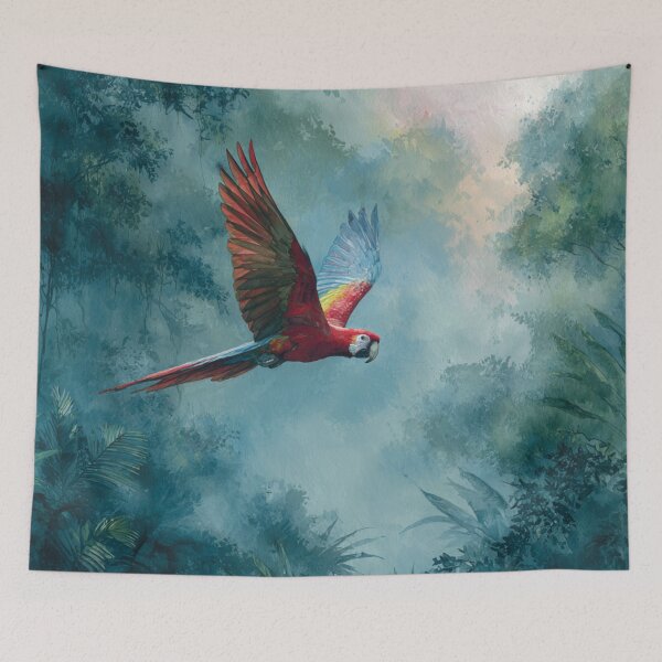 Item preview, A Scarlet Macaw flying through a lush rainforest canopy, Birds in Motion designed and sold by CDC40.