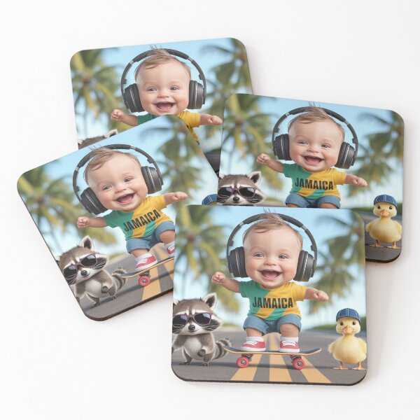 Item preview, Laughing Baby Skateboarding with Raccoon & Duck – Funny Jamaica Cartoon T-Shirt Design designed and sold by Mitaudesign.