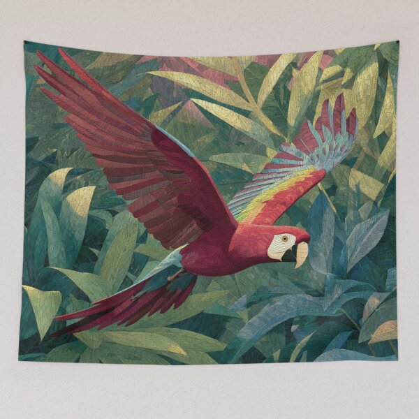Item preview, A Scarlet Macaw flying through a lush rainforest canopy, Birds in Motion designed and sold by CDC40.