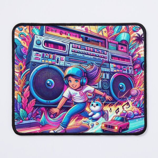 Item preview, Skateboarding Girl with DJ Cat and Vintage Boombox – Retro Street Party Cartoon T-Shirt designed and sold by Mitaudesign.