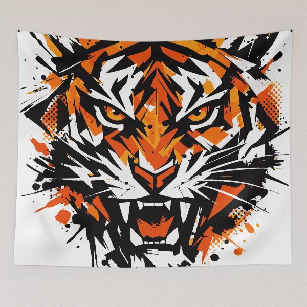 Item preview, An energetic abstract tiger face combining grunge brush strokes and halftone dots. The expressive textures create a powerful modern graphic  designed and sold by Dejbar.