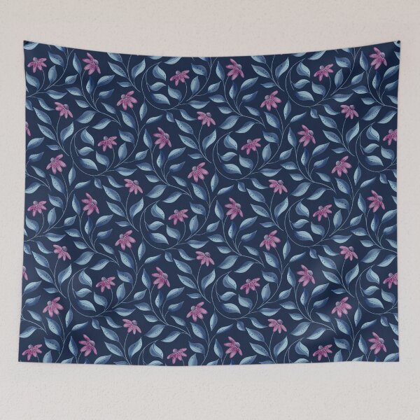 Item preview, Botanical Vines with Magenta Flowers and Blue Leaves on Deep Navy Blue designed and sold by Karima Deiss.