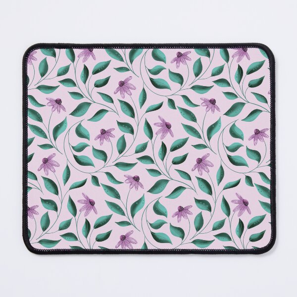Aperçu de l'œuvre Échinacées violettes et feuilles sur fond rose tendre avec texture dessinée à la main créée et vendue par Karima Deiss.