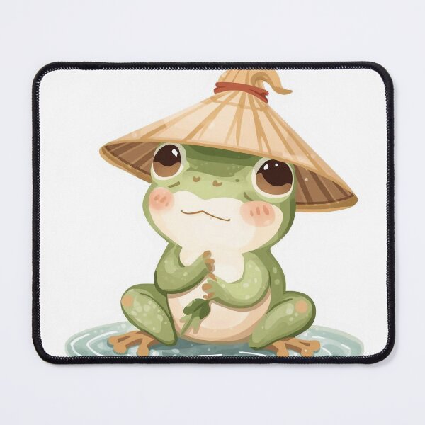 Item preview, Kawaii Frog in Straw Hat - Minimalist Japanese Illustration, Framed Wall Art designed and sold by Mintalize.
