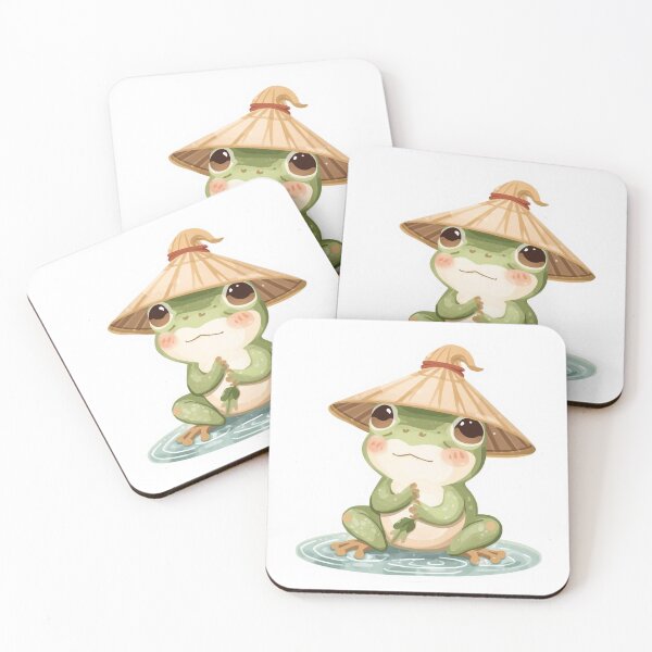Item preview, Kawaii Frog in Straw Hat - Minimalist Japanese Illustration, Framed Wall Art designed and sold by Mintalize.