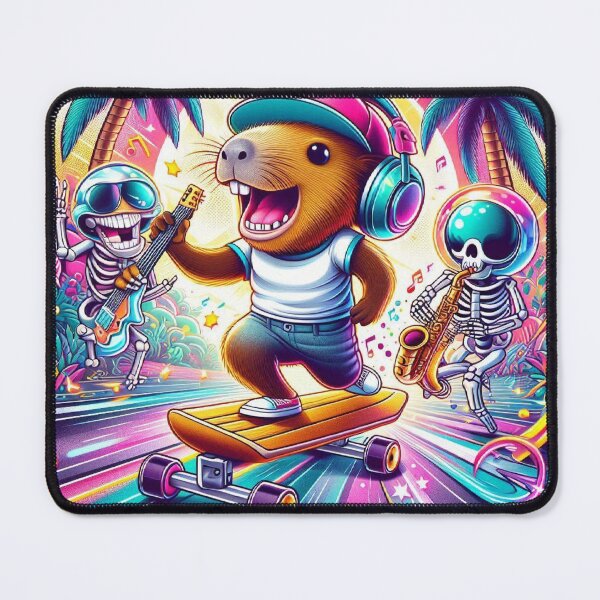 Item preview, Happy Capybara Skateboarding with DJ Astronaut & Skeleton Sax designed and sold by Mitaudesign.