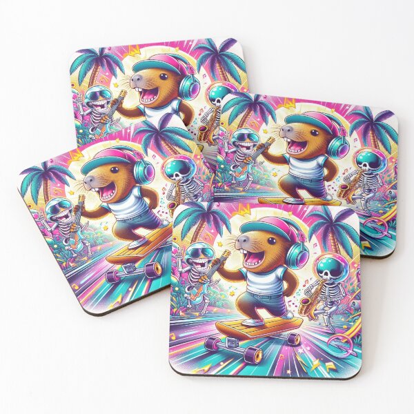 Item preview, Happy Capybara Skateboarding with DJ Astronaut & Skeleton Sax designed and sold by Mitaudesign.