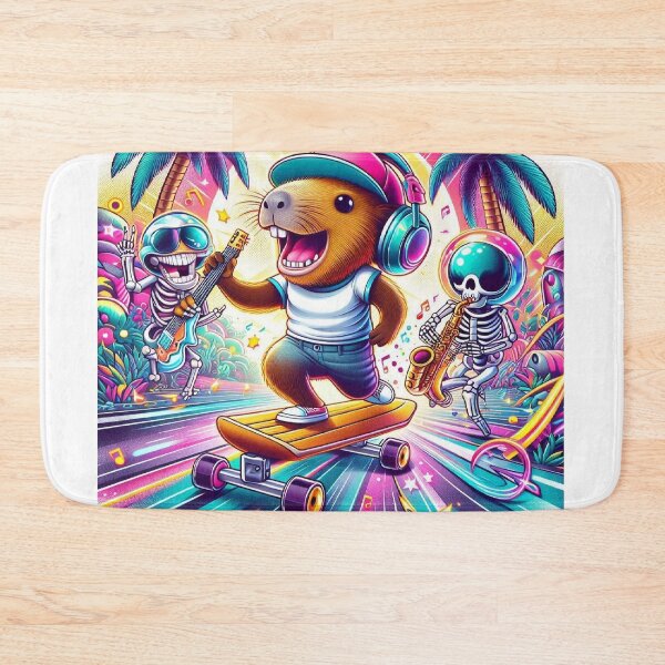 Item preview, Happy Capybara Skateboarding with DJ Astronaut & Skeleton Sax designed and sold by Mitaudesign.