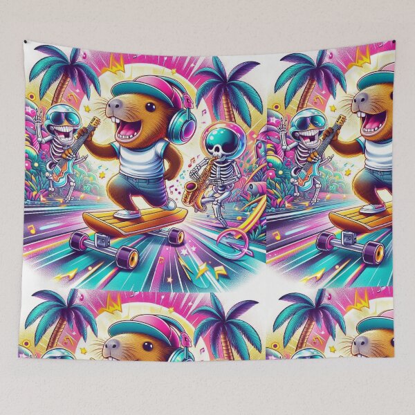 Item preview, Happy Capybara Skateboarding with DJ Astronaut & Skeleton Sax designed and sold by Mitaudesign.
