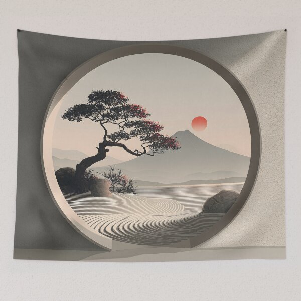 Item preview, Minimalist Japanese Zen Garden Window – Bonsai Tree & Mount Fuji Sunrise Illustration designed and sold by Artania21.