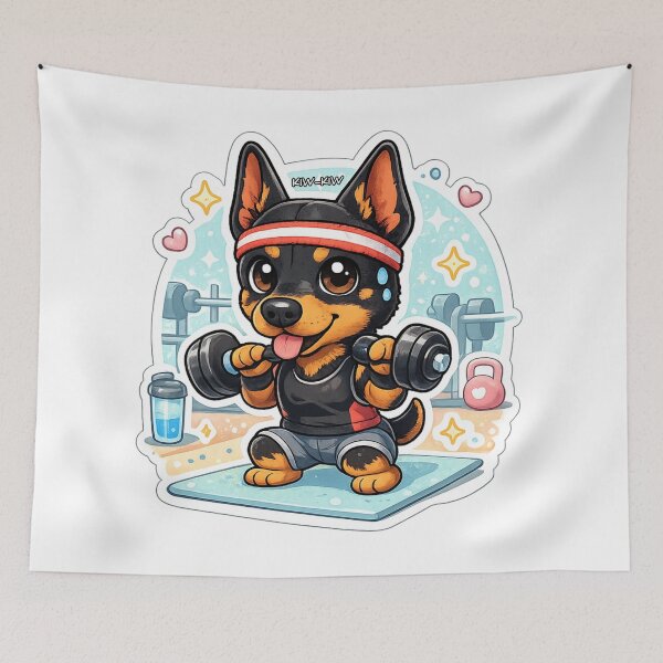 Item preview, Kawaii Doberman Gym Sticker – Cute Fitness Dog Lifting Dumbbells designed and sold by ahfas86.