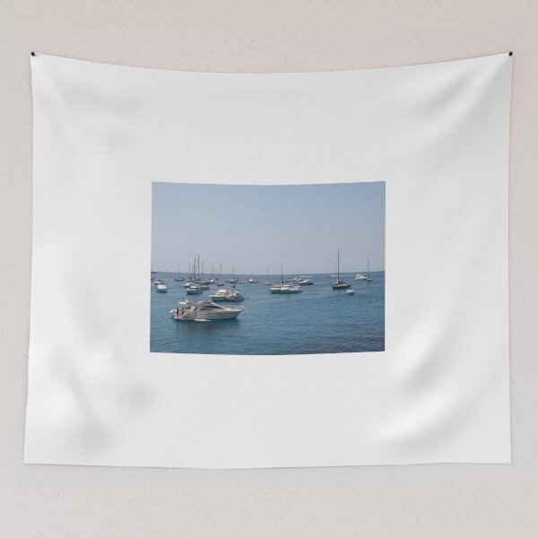 Item preview, Boats and Yachts Anchored in a Turquoise Bay by a Rocky Coastline on a Sunny Summer Day designed and sold by Nmallia.