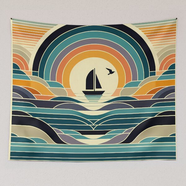 Item preview, Geometric Sailboat Sunset Over Layered Waves designed and sold by InkSmithery.