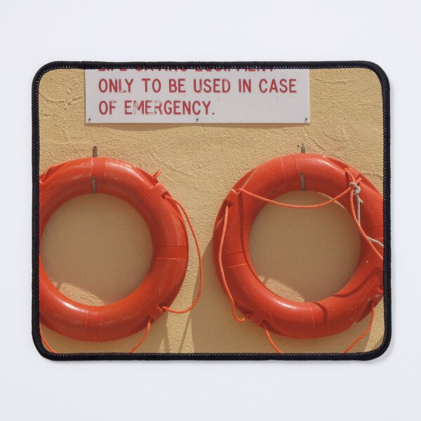 Item preview, Two Orange Lifebuoys Mounted Under Life Saving Equipment Emergency Sign On Wall designed and sold by Nmallia.
