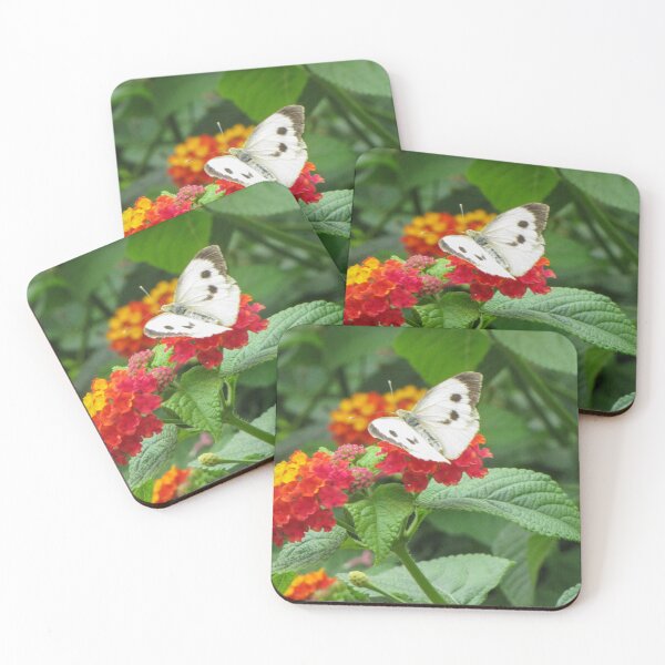 Item preview, White Butterfly Feeding on Red and Yellow Lantana Flowers in Green Garden Close-Up designed and sold by Nmallia.