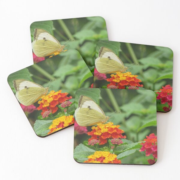 Item preview, White Butterfly Feeding on Red and Yellow Lantana Flowers in Green Garden Close-Up designed and sold by Nmallia.