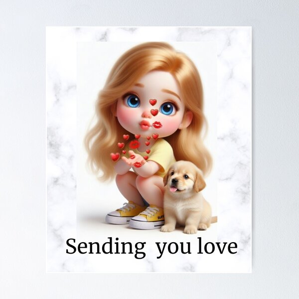 Item preview, Sending You Love – Cute Girl with Golden Puppy Illustration designed and sold by HALYNA070824.