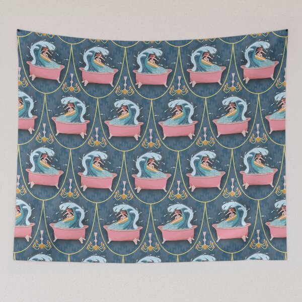 Item preview, SURFING IN THE BATHTUB, fan blue background designed and sold by WONDERPRINTVALLEY.