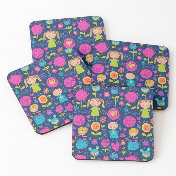 Item preview, Little Girls and Spring Flowers Dark Blue Pattern designed and sold by Piotrek0001.