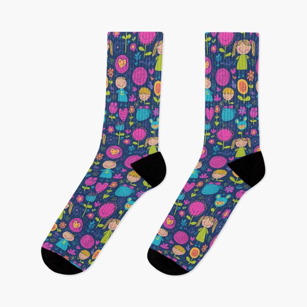 Item preview, Little Girls and Spring Flowers Dark Blue Pattern designed and sold by Piotrek0001.