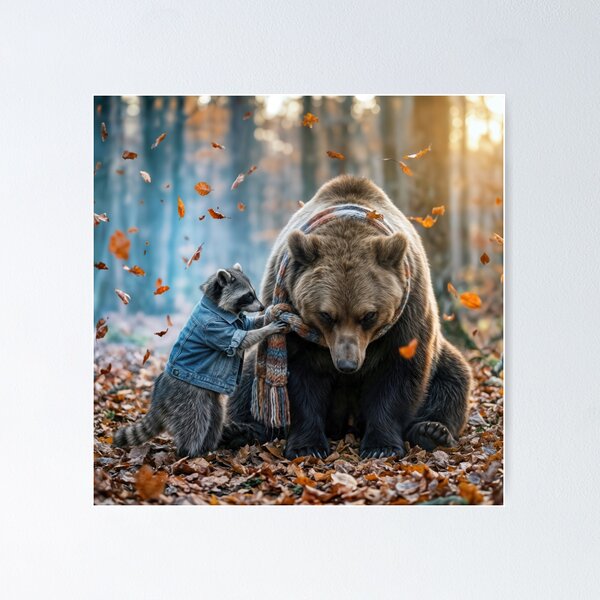 Item preview, Raccoon Tying a Winter Scarf on a Bear designed and sold by Maria Dryfhout.