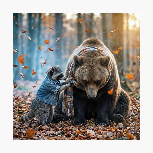 Item preview, Raccoon Tying a Winter Scarf on a Bear designed and sold by Maria Dryfhout.