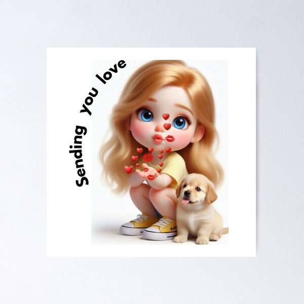 Item preview, Sending You Love – Cute Girl with Golden Puppy Illustration designed and sold by HALYNA070824.
