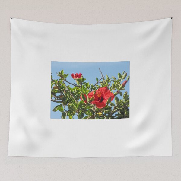 Item preview, Vibrant Red Hibiscus Blossom On Green Shrub Branches Against Clear Blue Sky Close-Up designed and sold by Nmallia.