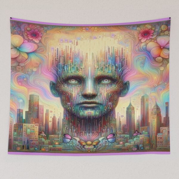 Item preview, Cyber Dreamface with Floral Energy and Vibrant Surreal Cityscape designed and sold by FotoworldEdel.