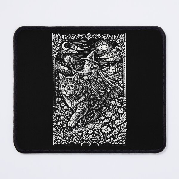Item preview, Vintage Wizard Riding a Giant Cat in Mystical Night, Funny Cat Meme designed and sold by will freed18.