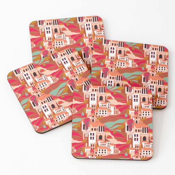 Item preview, Mediterranean Village Pattern Geometric Coastal Cityscape Art designed and sold by HillsandSheep.
